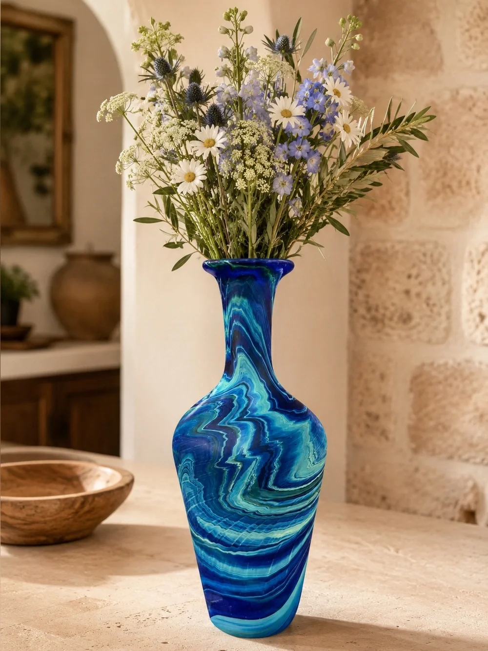 Hand Blown Glass Blue Swirl Glass Vase - Decorative Home Accent